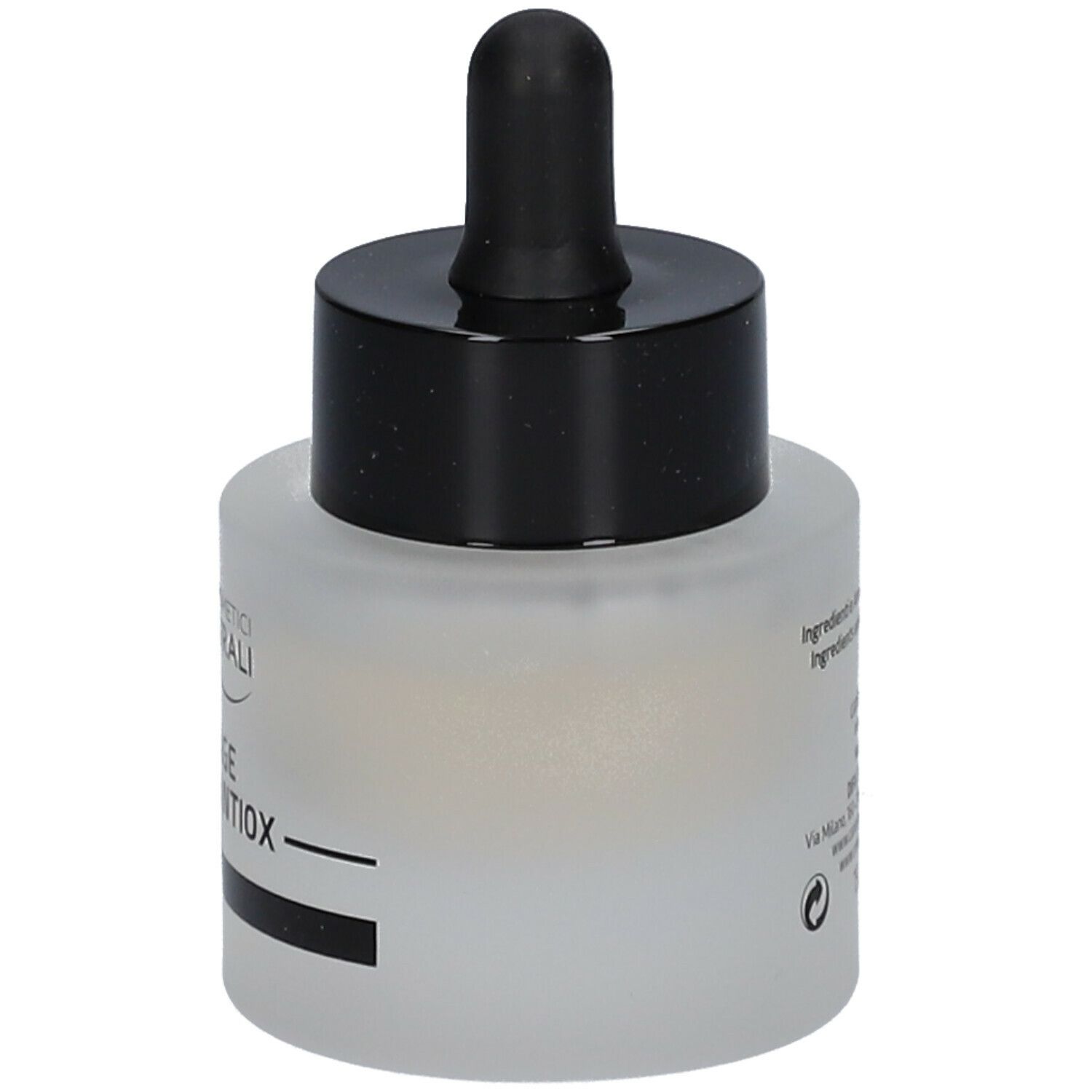 Flacone rotondo con tappo nero e contagocce. Scritta: MIXAGE URBAN ANTIOX.