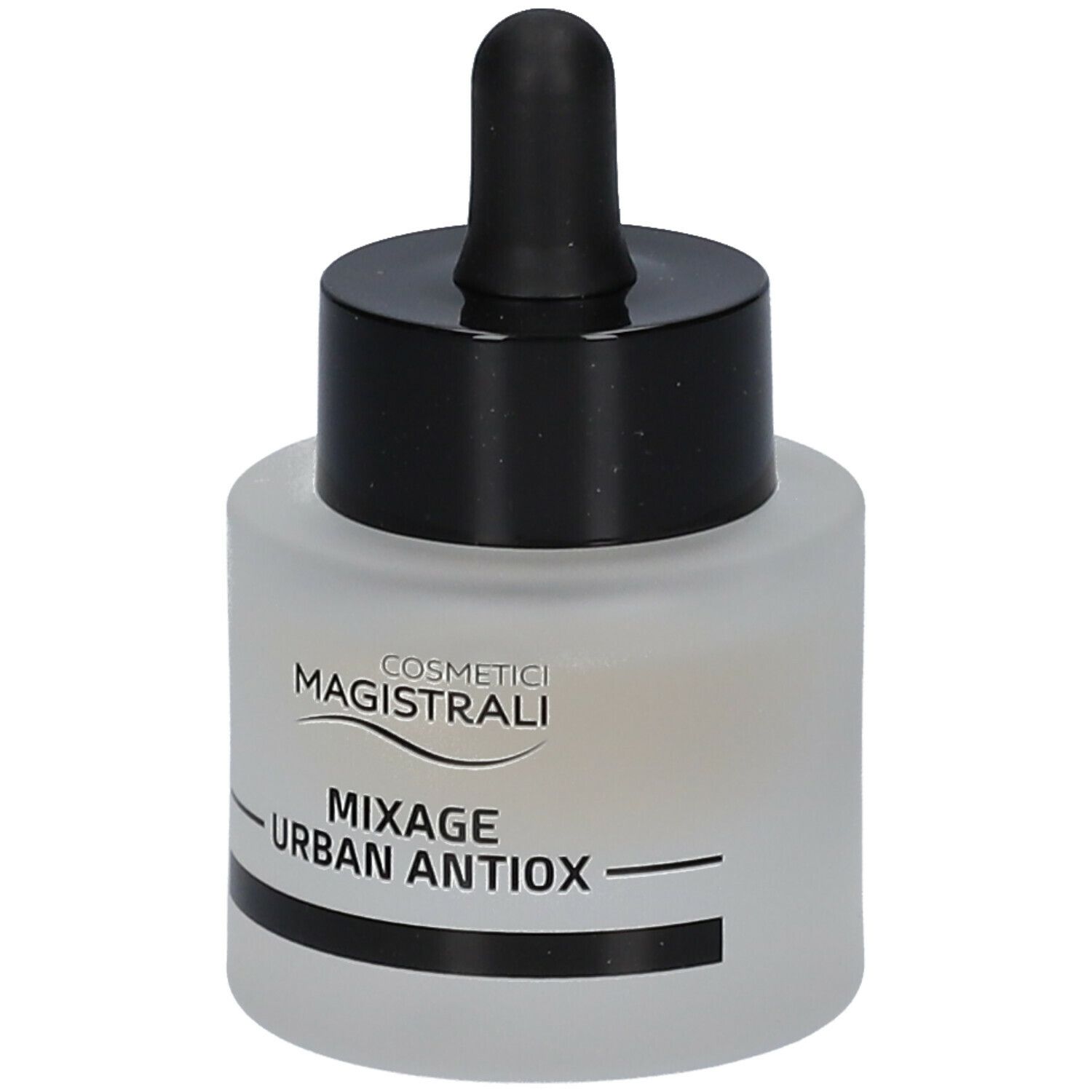 Flacone rotondo con tappo nero e contagocce. Scritta: MIXAGE URBAN ANTIOX.