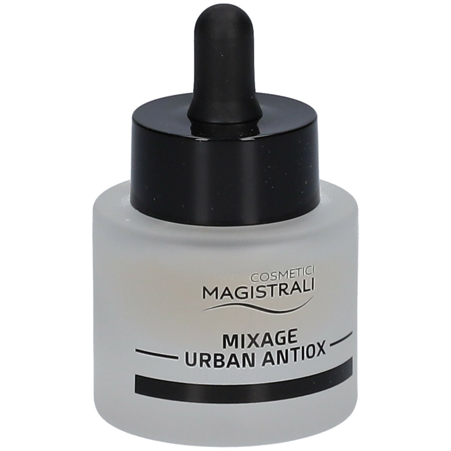 Flacone rotondo con tappo nero e contagocce. Scritta: MIXAGE URBAN ANTIOX.