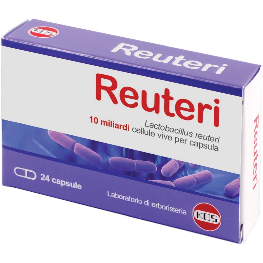 Scatola viola con scritta "Reuteri" bianca e rossa. Contiene 24 capsule. Illustrazione di batteri.