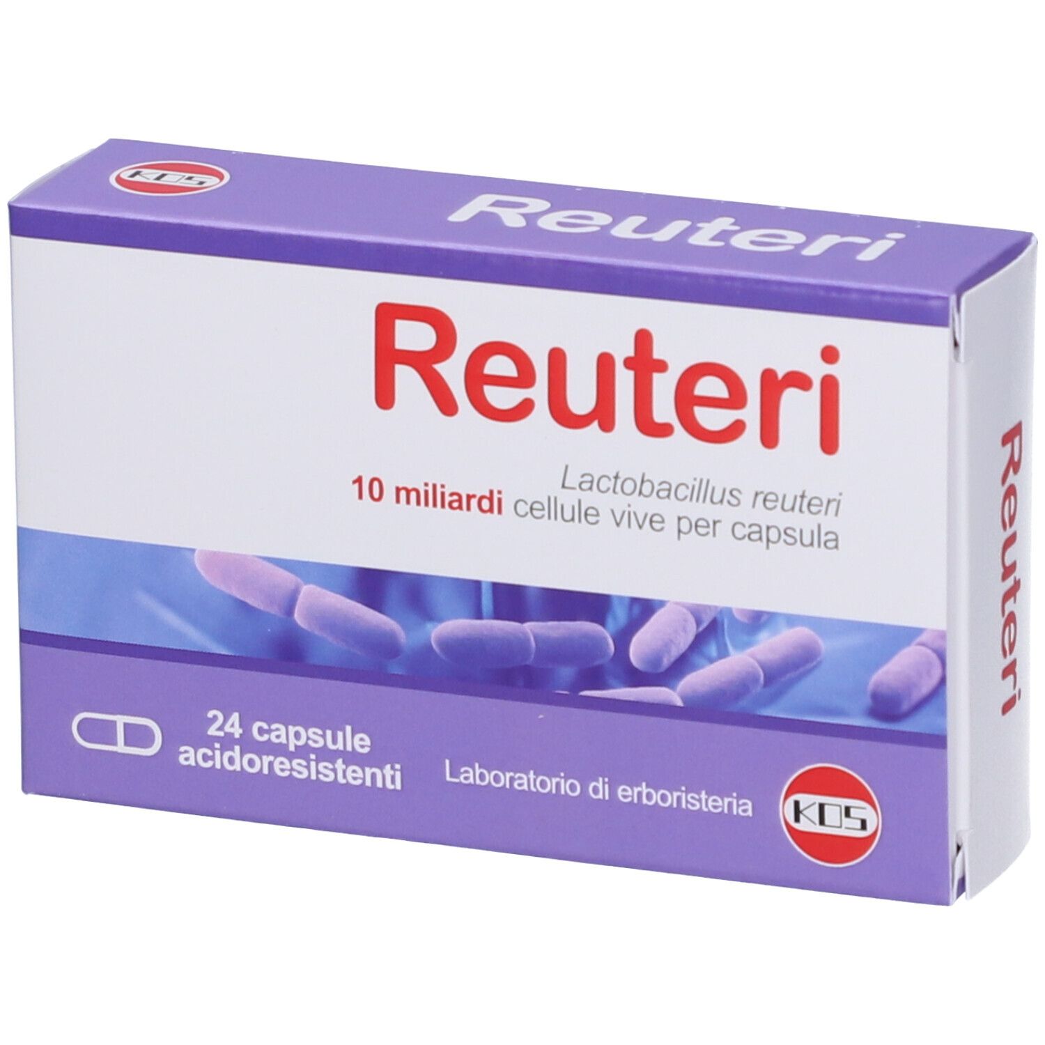 Scatola viola con scritta "Reuteri" bianca e rossa. Contiene 24 capsule gastroresistenti. Illustrazione di batteri.
