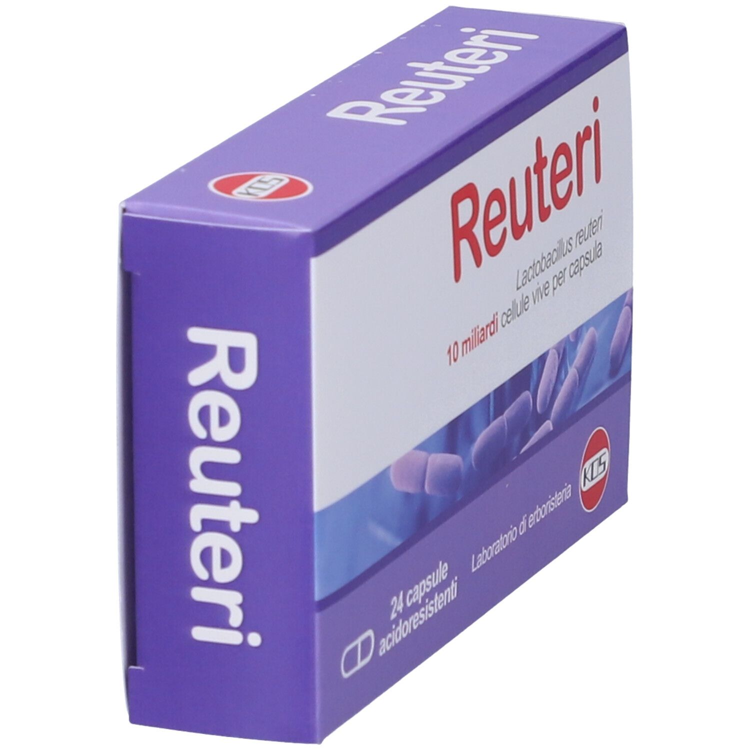 Scatola con coperchio viola e scritta "Reuteri" bianca e rossa. Contiene 24 capsule gastroresistenti. Illustrazione di batteri.