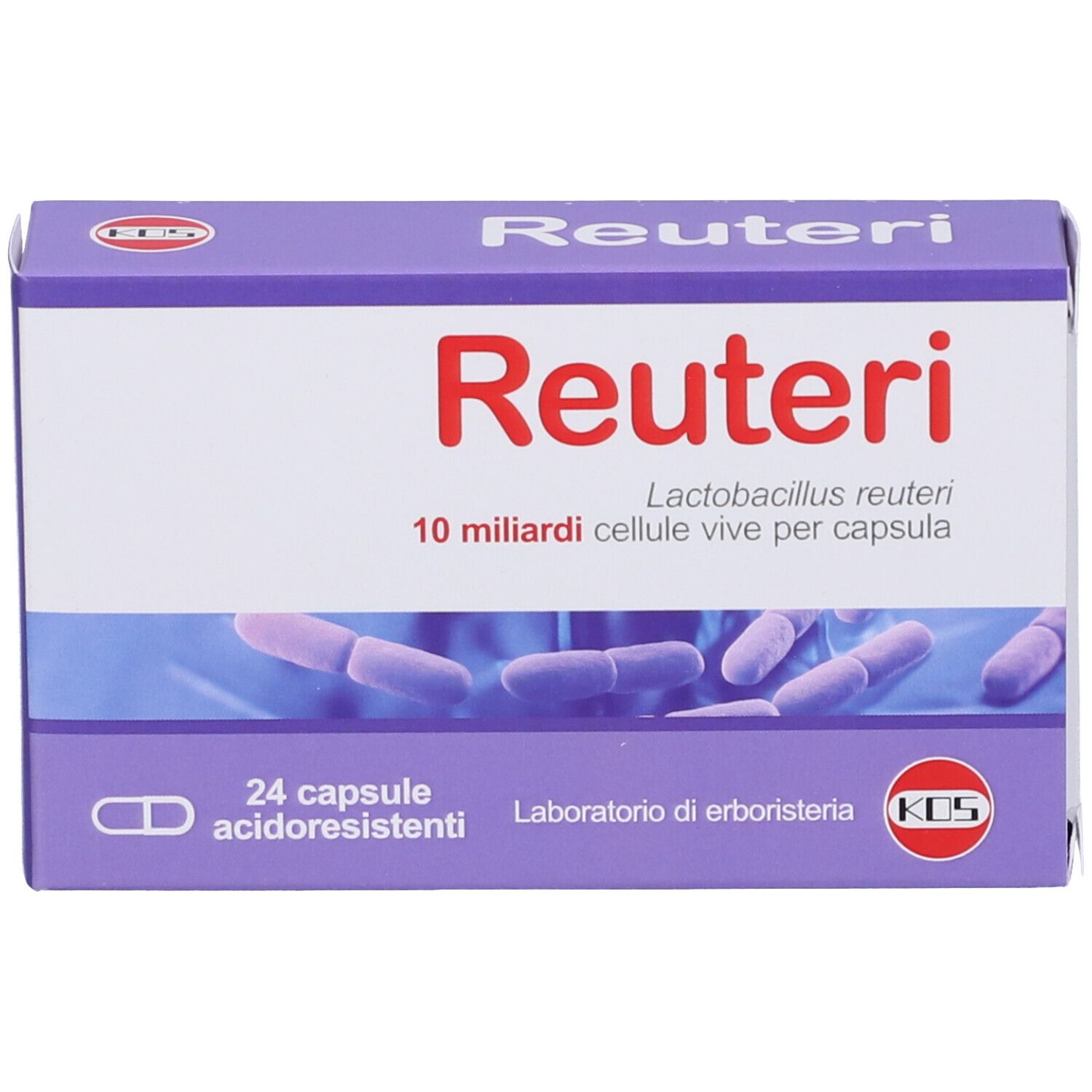 Scatola viola con scritta "Reuteri" bianca e rossa. Contiene 24 capsule gastroresistenti. Illustrazione di batteri.