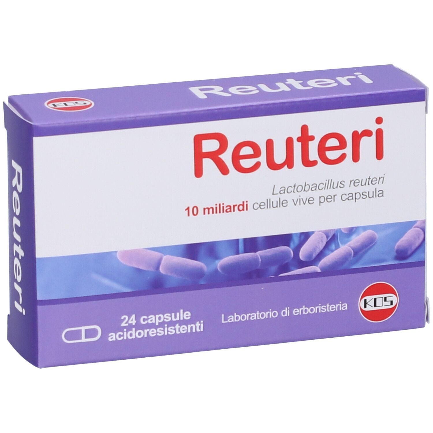 Scatola viola con scritta "Reuteri" bianca e rossa. Contiene 24 capsule gastroresistenti. Illustrazione di batteri.