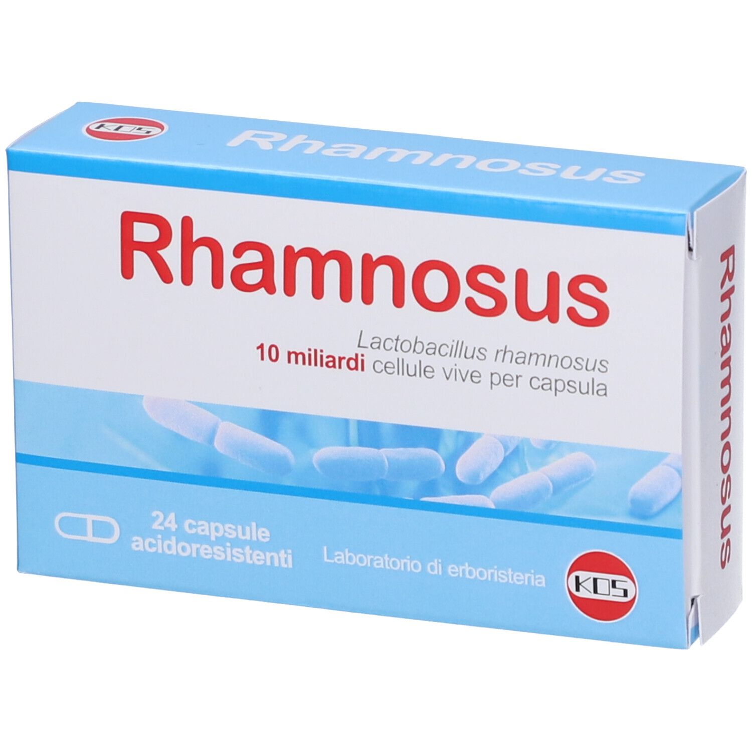 Scatola blu e bianca con scritta rossa "Rhamnosus". Contiene 24 capsule. Logo KOS.