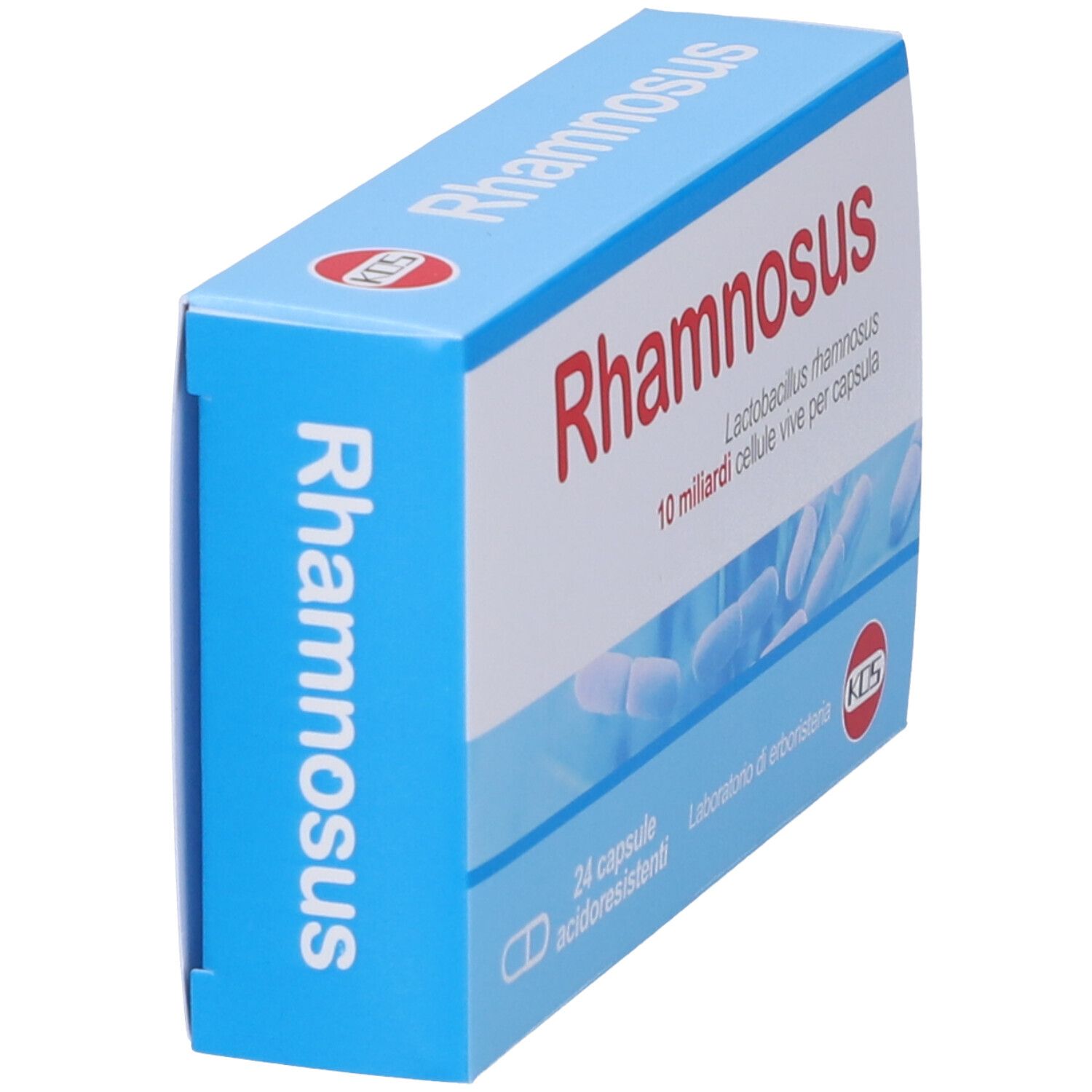 Scatola blu con scritta bianca "Rhamnosus". Logo KOS. Scatola con capsule.