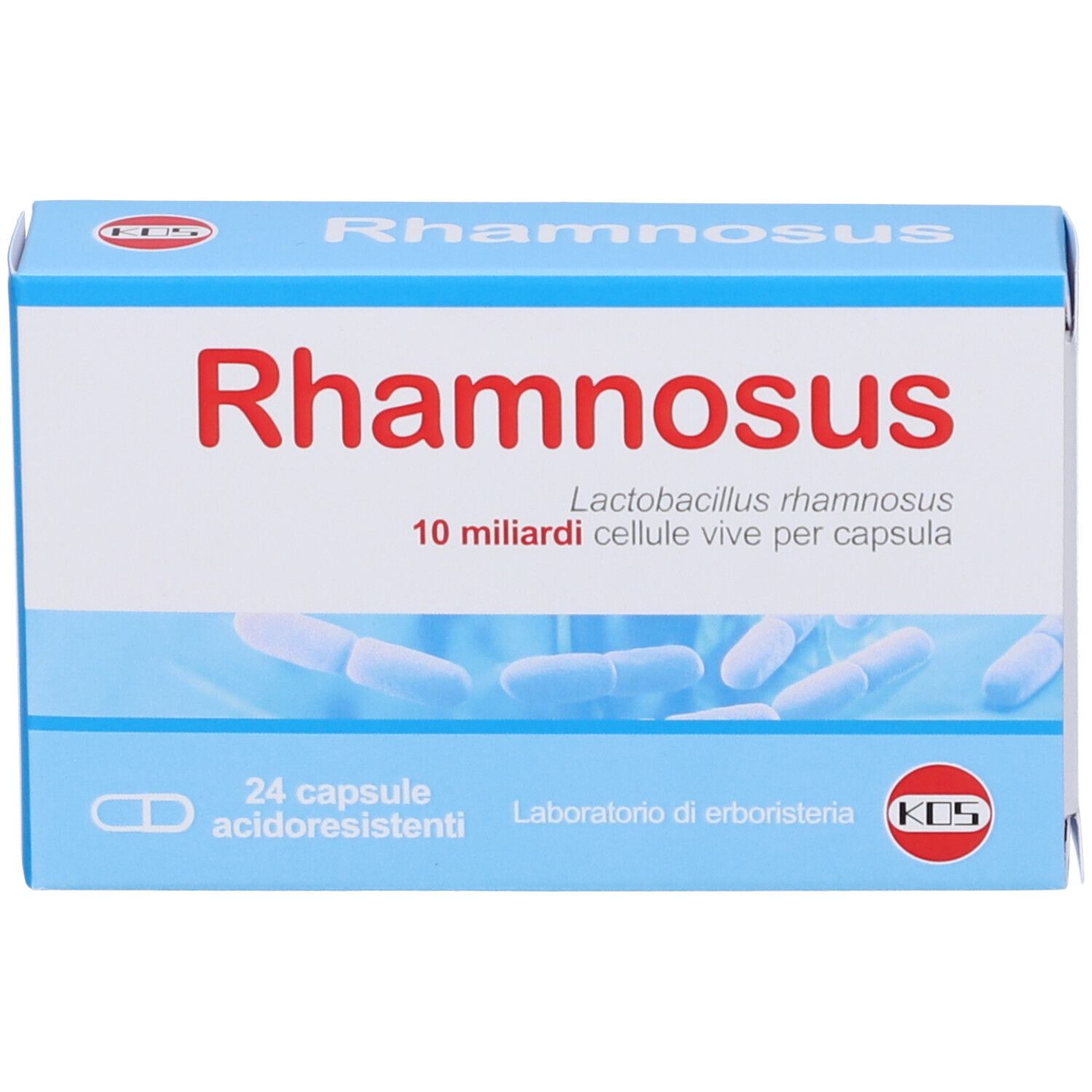 Scatola blu e bianca con scritta rossa "Rhamnosus". Contiene 24 capsule. Logo KOS.