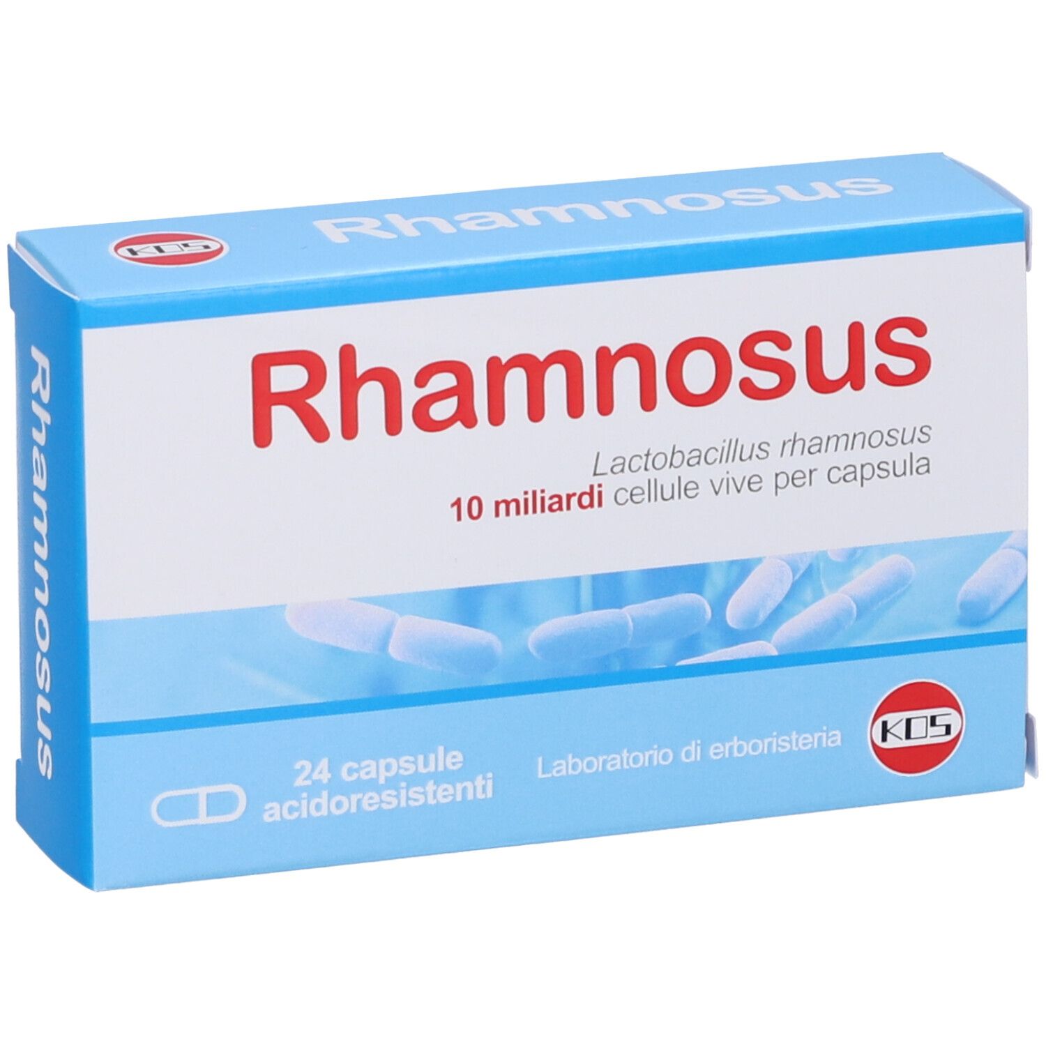 Scatola blu e bianca con scritta rossa "Rhamnosus". Contiene 24 capsule. Logo KOS.