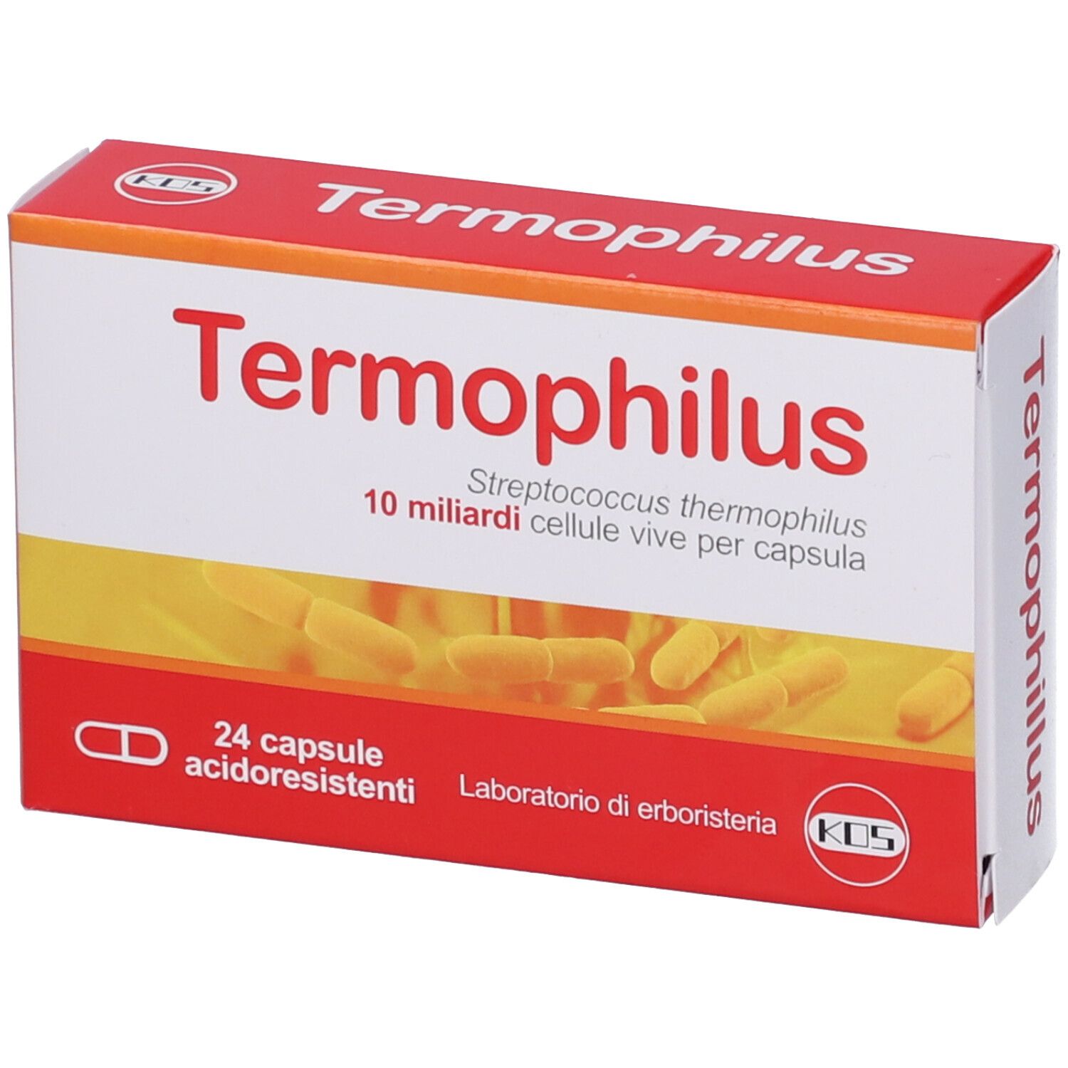 Scatola di capsule. Scritta "Termophilus". Contiene 24 capsule gastroresistenti. Laboratorio di erboristeria.
