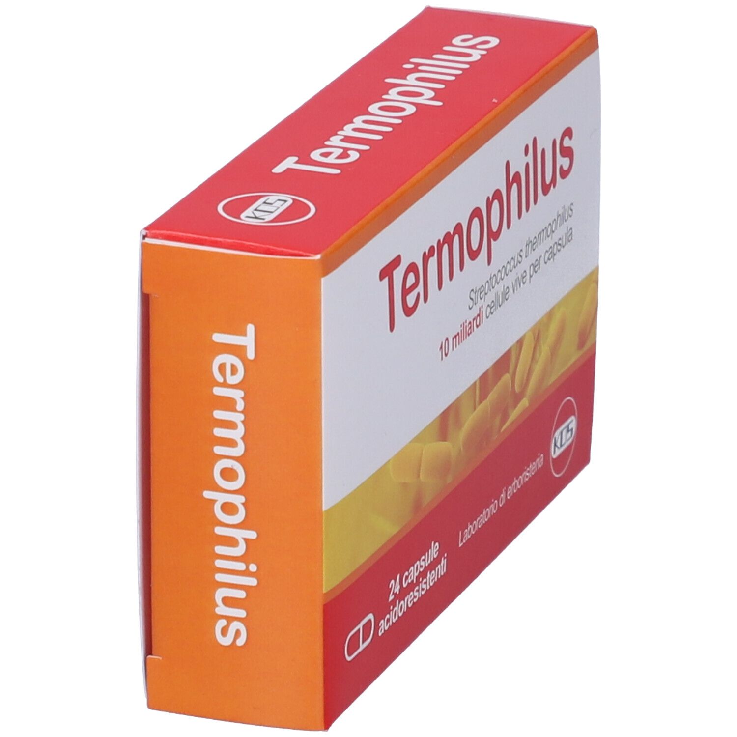 Scatola di capsule, vista laterale. Scritta "Termophilus". Confezione rossa e bianca. Laboratorio di erboristeria.