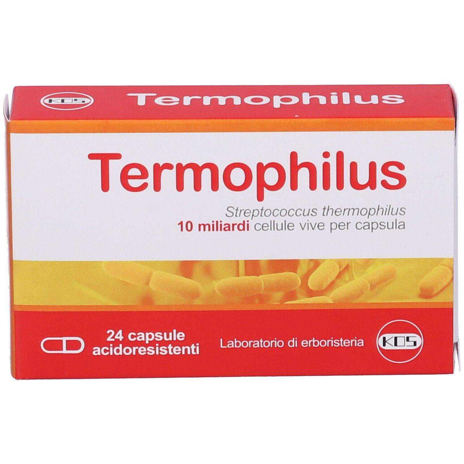 Scatola di capsule. Scritta "Termophilus". Contiene 24 capsule gastroresistenti. Laboratorio di erboristeria.