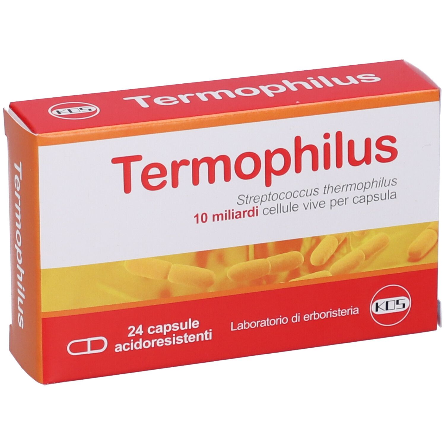 Scatola di capsule. Scritta "Termophilus". Contiene 24 capsule gastroresistenti. Laboratorio di erboristeria.