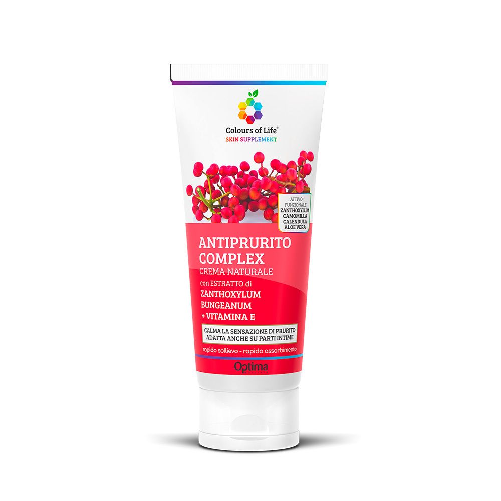 Creme-Tube. Produktname: Antiprurito Complex. Marke: Colours of Life. Rote und weiße Tube mit Produktinformationen.
