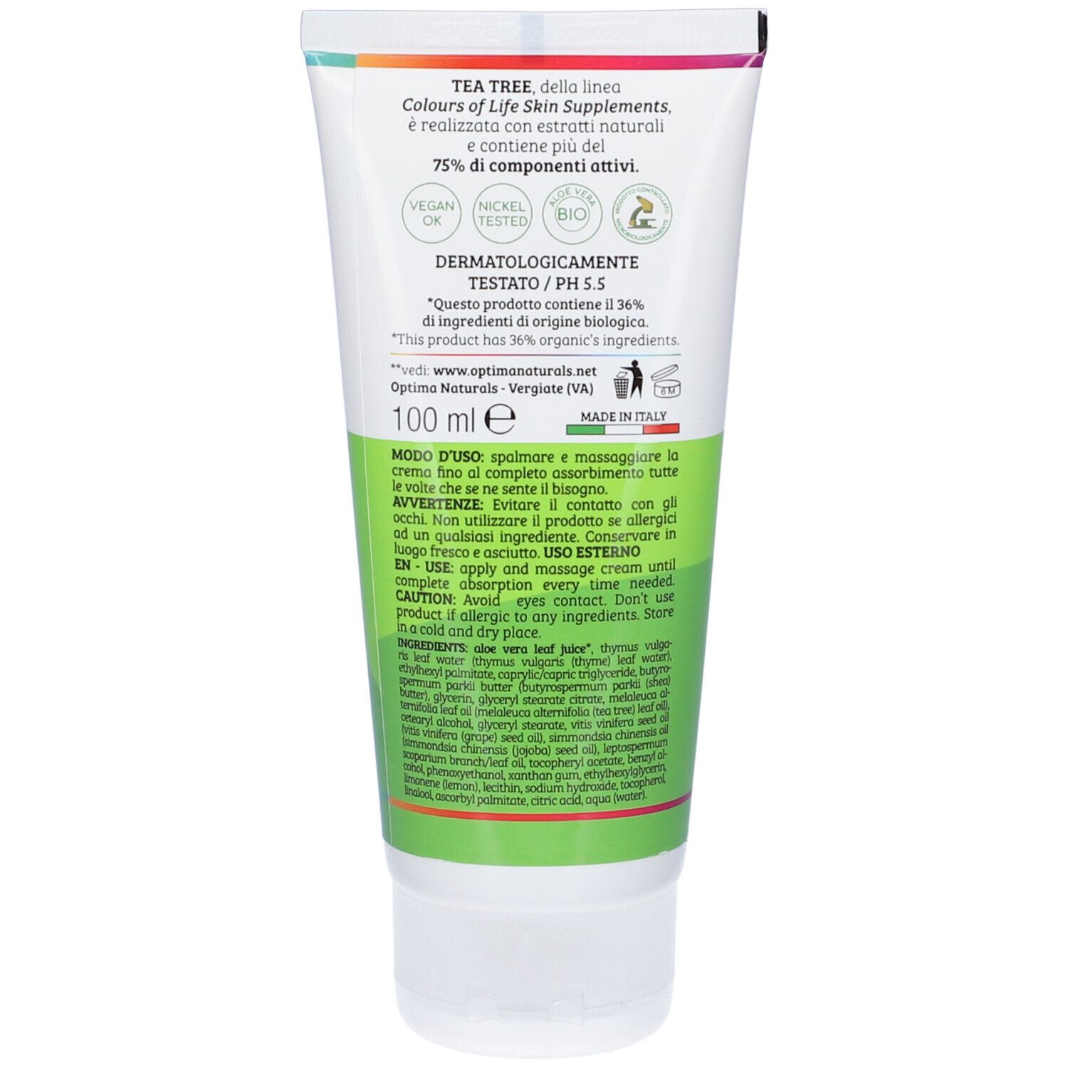 Retro di un tubo di crema. Contiene informazioni sugli ingredienti e l'uso. Marchio: Optima Naturals. Testo: Tea Tree, 100 ml.