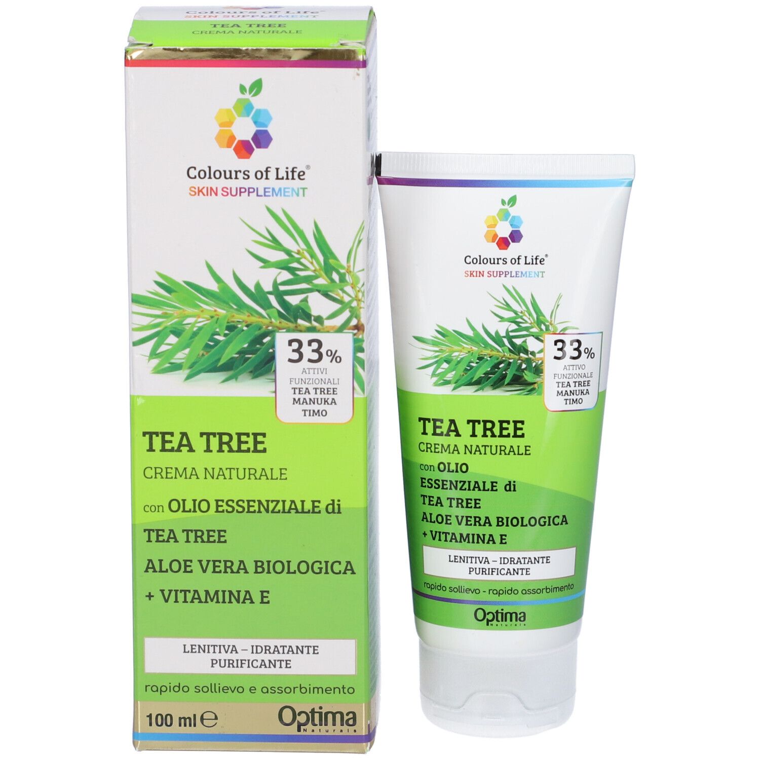 Tubo di crema e scatola. Contiene Tea Tree, Aloe Vera e Vitamina E. Marchio: Colours of Life. Testo: Tea Tree Crema Naturale, 100 ml.
