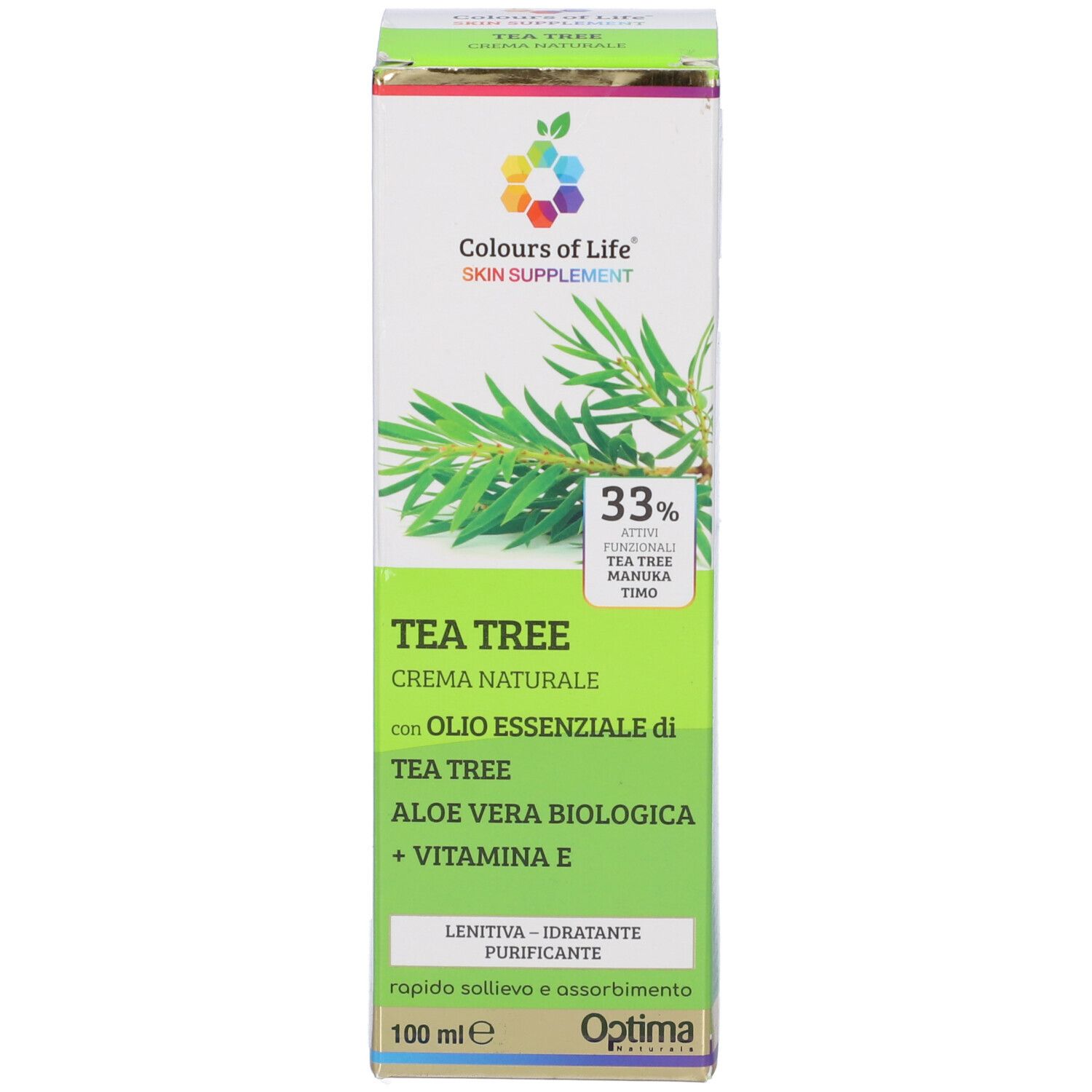 Scatola di crema. Contiene Tea Tree, Aloe Vera e Vitamina E. Marchio: Colours of Life. Testo: Tea Tree Crema Naturale, 100 ml.