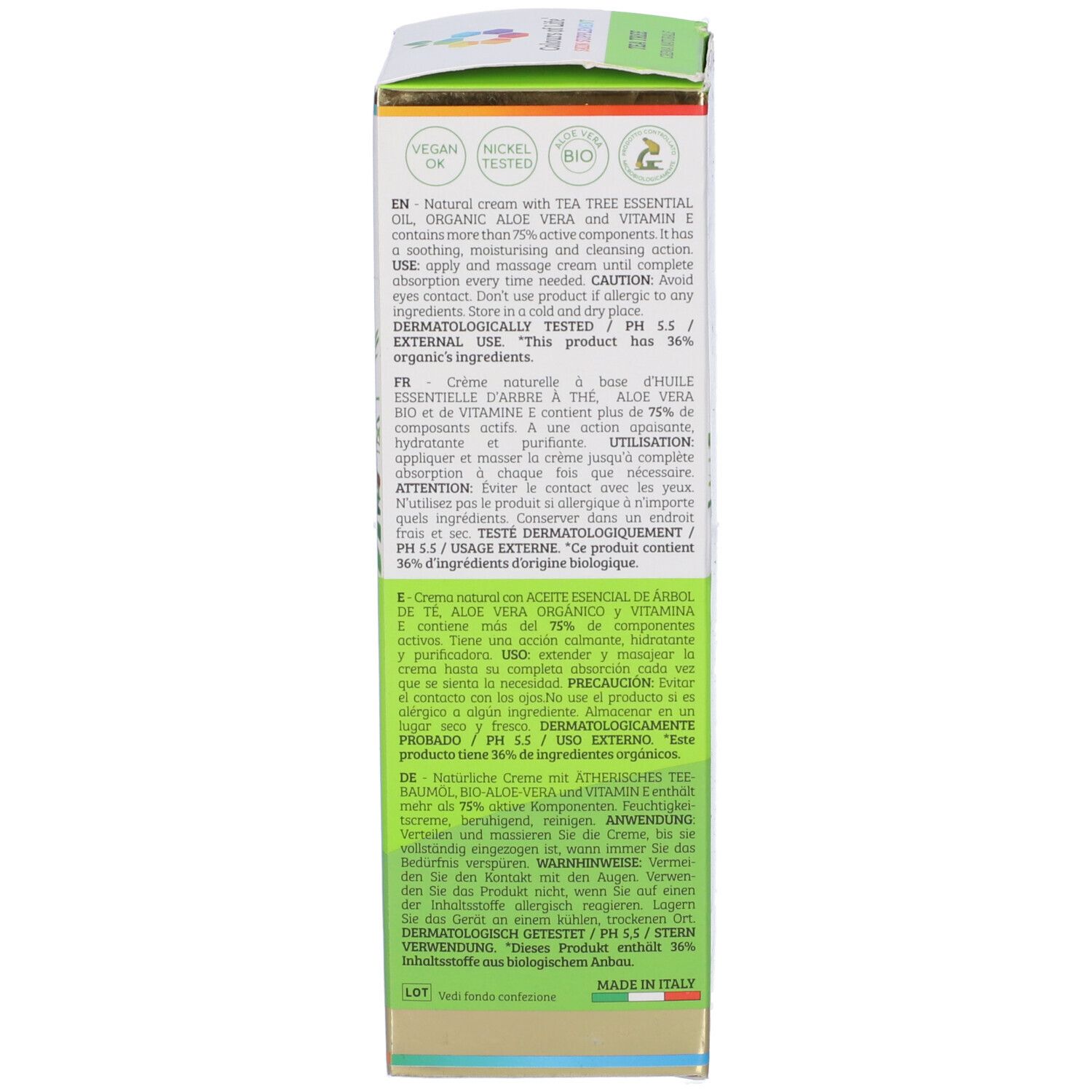 Retro della scatola di crema. Contiene informazioni sugli ingredienti e l'uso. Marchio: Optima Naturals. Testo: Tea Tree.