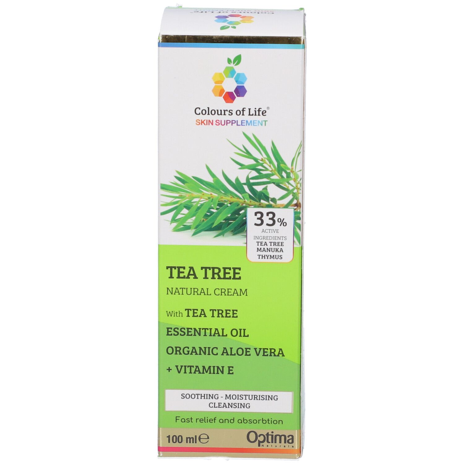 Scatola di crema. Contiene Tea Tree, Aloe Vera e Vitamina E. Marchio: Colours of Life. Testo: Tea Tree Natural Cream, 100 ml.