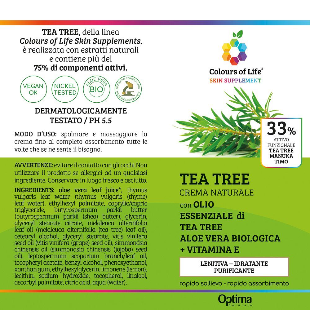 Rückseite der Colours of Life Kreme TEA TREE Verpackung mit Inhaltsstoffen und Anwendung.