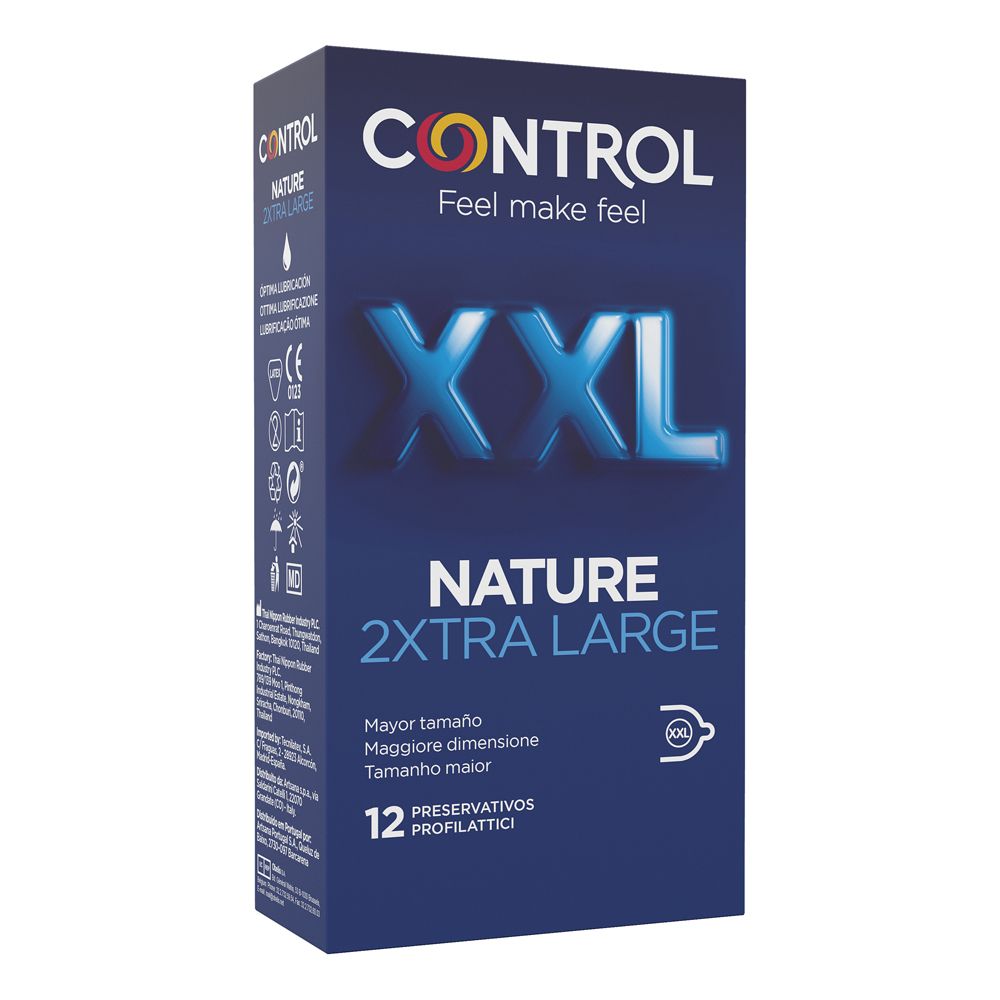 Confezione blu con 'CONTROL' e 'XXL NATURE 2XTRA LARGE'. 12 profilattici. Marchio CE.