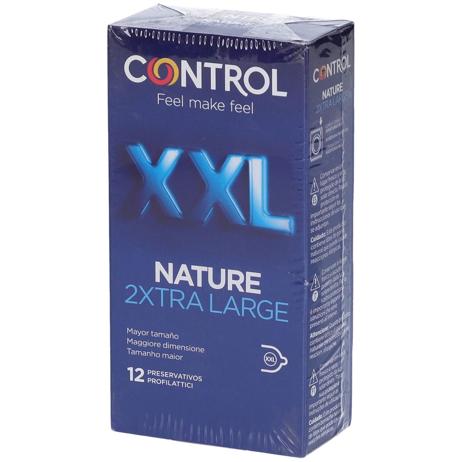Confezione con 'CONTROL' e 'XXL NATURE 2XTRA LARGE'. 12 profilattici. Confezionato.