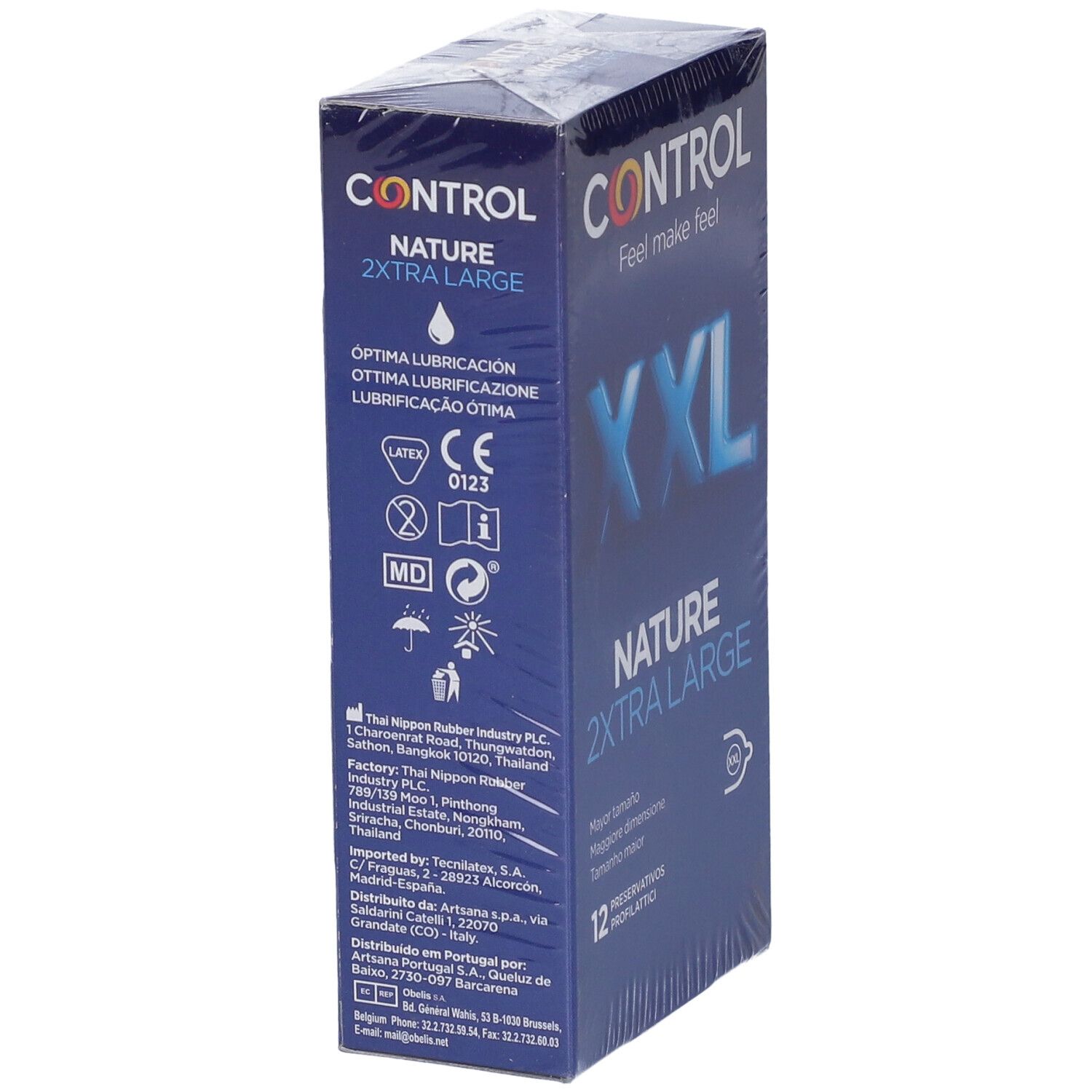 Confezione 'CONTROL' e 'XXL NATURE 2XTRA LARGE'. 12 profilattici. Dettagli e loghi.