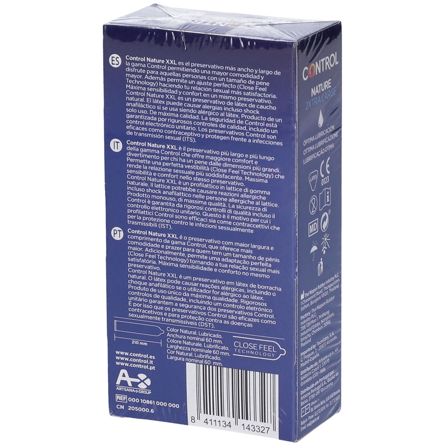 Confezione 'CONTROL' e 'XXL NATURE 2XTRA LARGE'. 12 profilattici. Retro con testo.