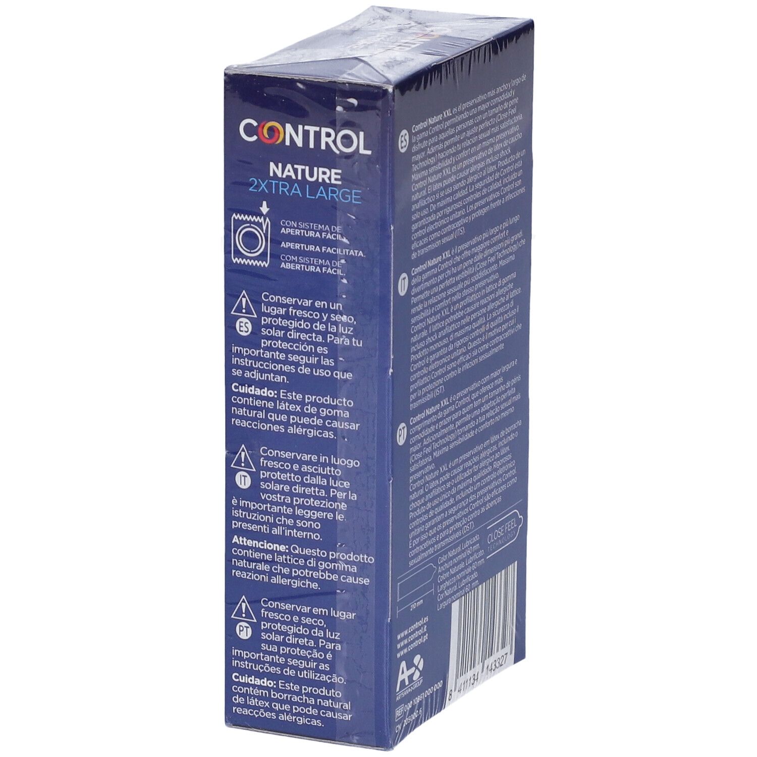 Confezione 'CONTROL' e 'XXL NATURE 2XTRA LARGE'. 12 profilattici. Lato con testo.
