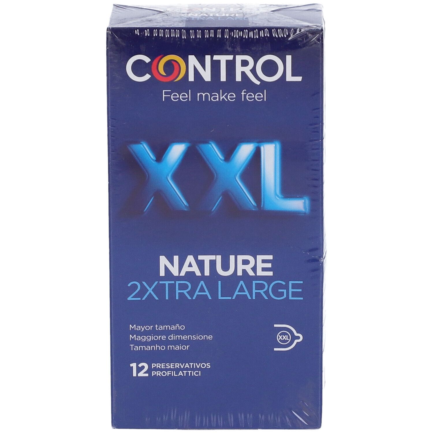Confezione blu con 'CONTROL' e 'XXL NATURE 2XTRA LARGE'. 12 profilattici.