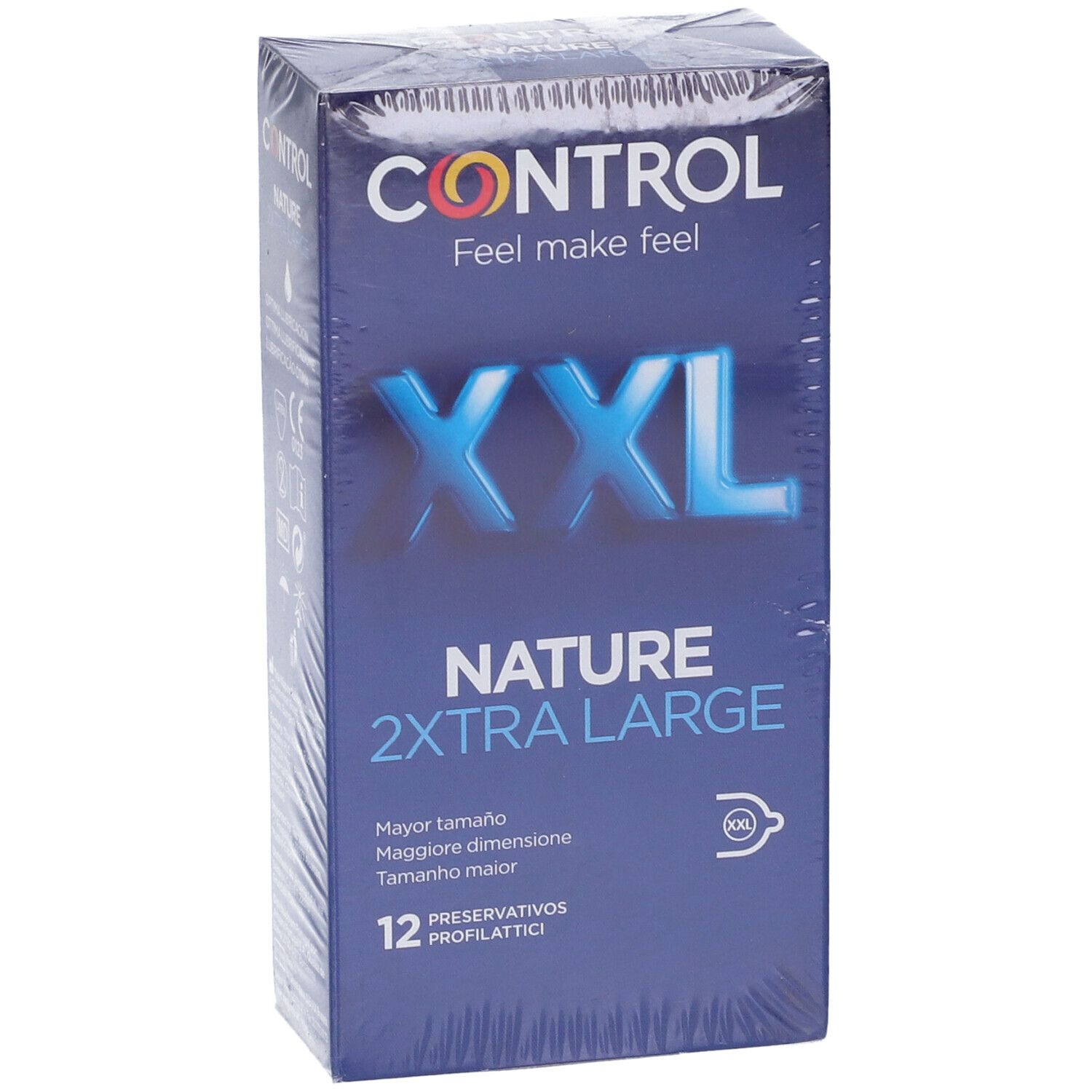 Confezione blu con 'CONTROL' e 'XXL NATURE 2XTRA LARGE'. 12 profilattici.