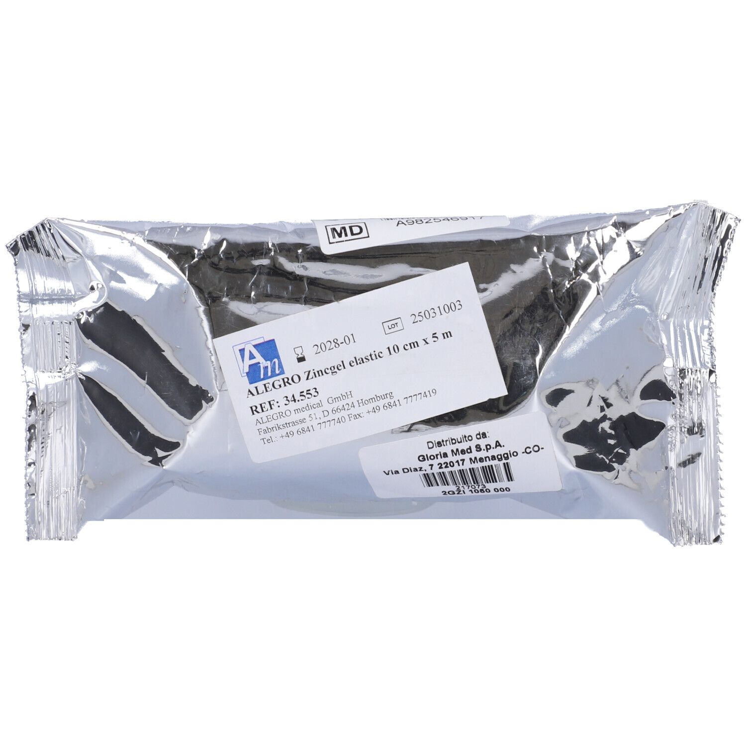 Verpackung der Alegro Zincgel elastic Binde. Silberne Folie mit Produktinformationen und Etikett.