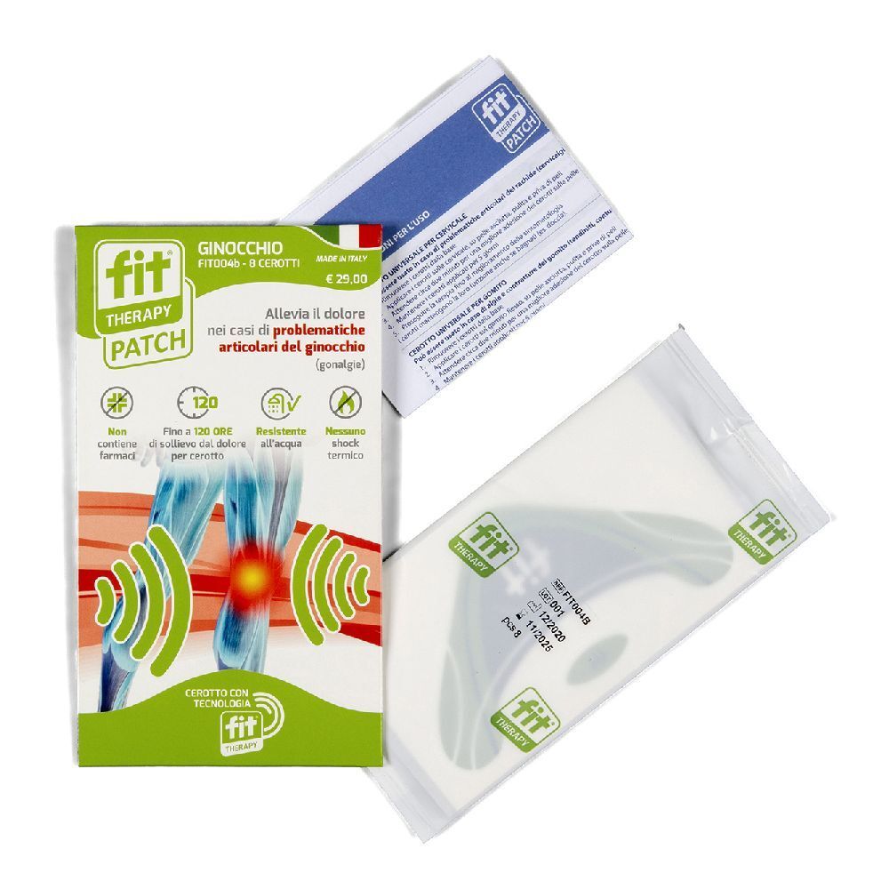 Confezione di cerotti Fit Therapy per ginocchio. Contiene cerotti, foglietto illustrativo. Confezione verde e bianca con informazioni.