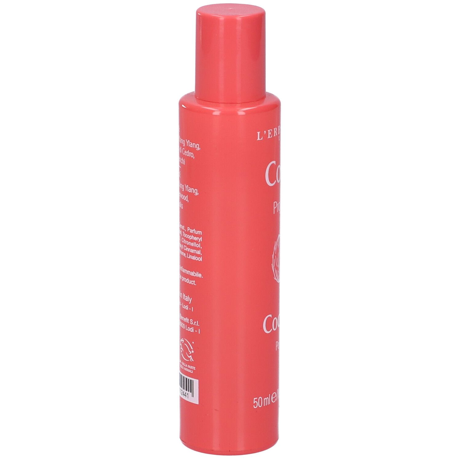 Rote Flasche mit weißem Aufdruck, 50ml.