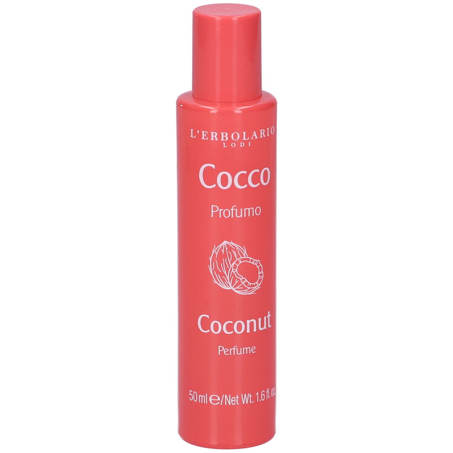 Rote Flasche L'Erbolario Cocco Profumo mit Kokosnuss-Symbol und 50ml Inhalt.