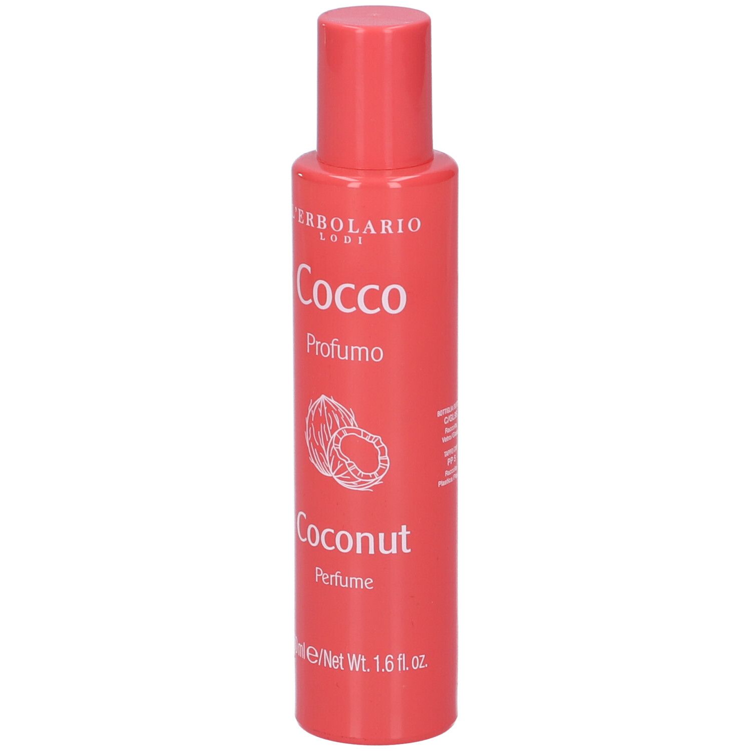 Rote Parfümflasche mit Kokos-Motiv und Aufschrift 'Cocco Profumo Coconut Perfume'.
