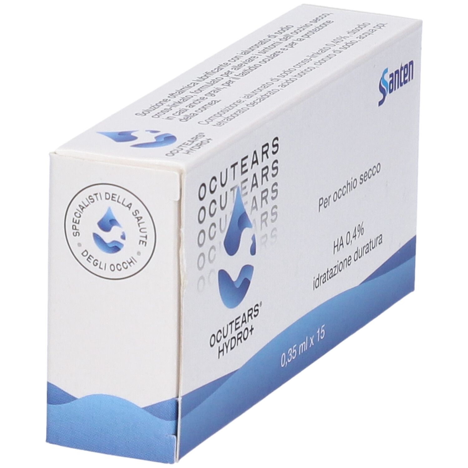 Ocutears Hydro+ Augentropfen-Verpackung, 15x 0,35 ml, mit HA 0,4%.
