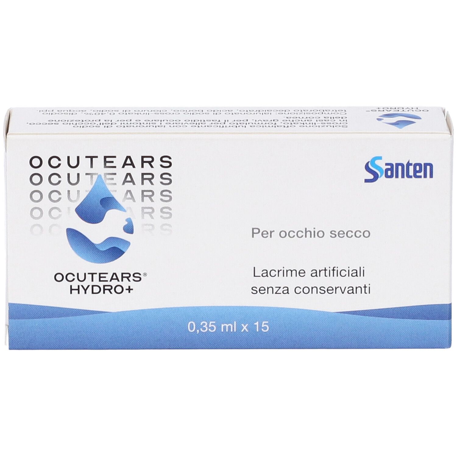 Ocutears Hydro+ Augentropfen-Verpackung, 15x 0,35 ml, mit HA 0,4%.
