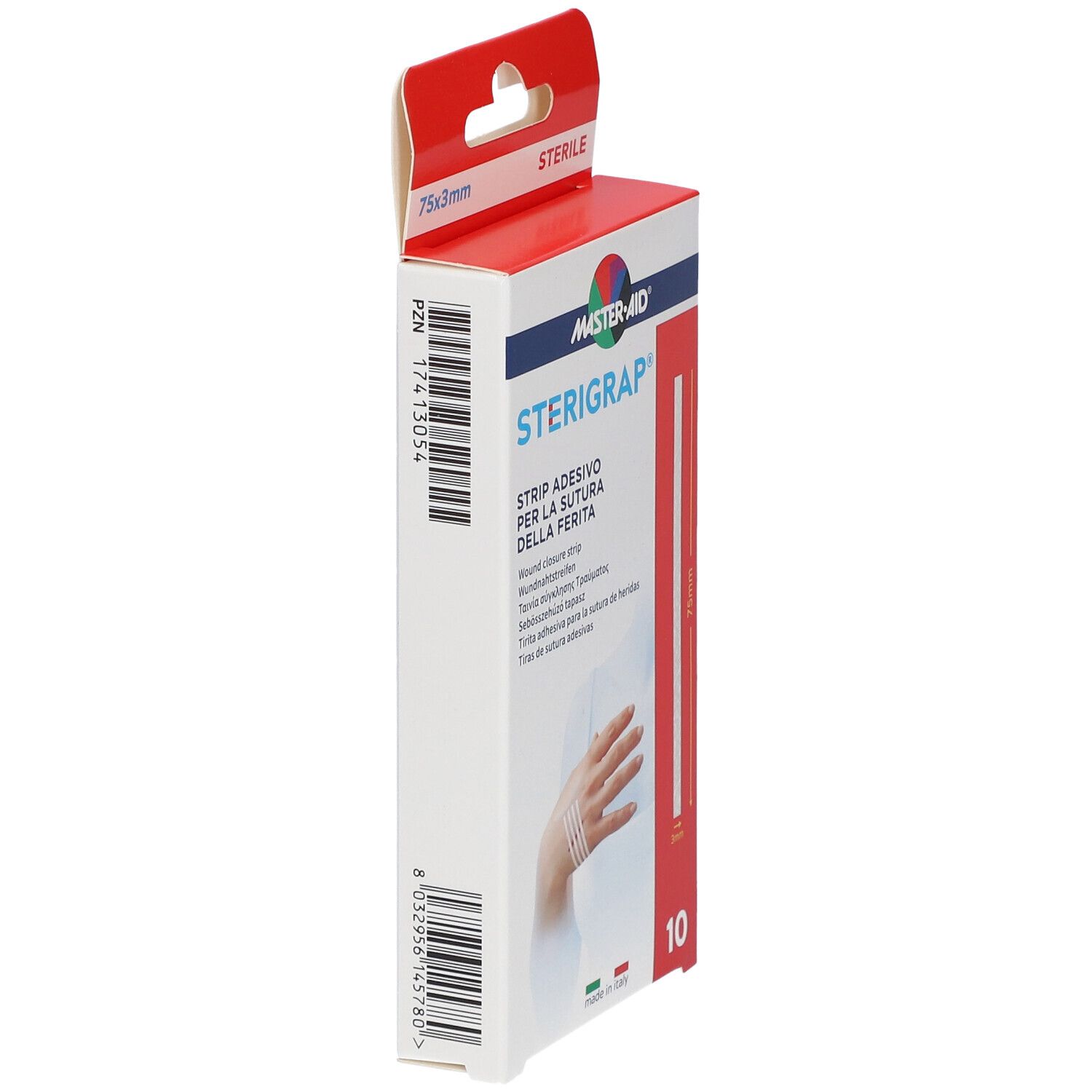 Verpackung MASTER-AID STERIGRAP, 75x3mm, steril. Enthält 10 Streifen. Aufdruck: Strip adesivo per la sutura della ferita. Abbildung einer Hand mit Streifen.
