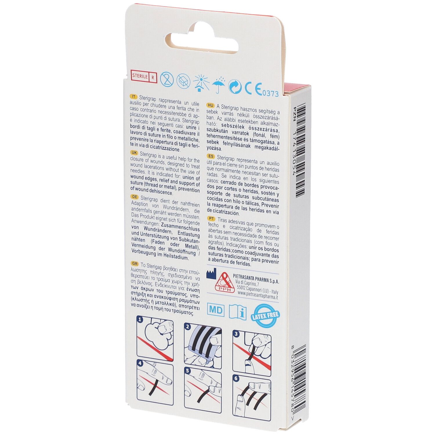 Verpackung MASTER-AID STERIGRAP, 75x3mm, steril. Enthält 10 Streifen. Aufdruck: Strip adesivo per la sutura della ferita. Abbildung einer Hand mit Streifen.