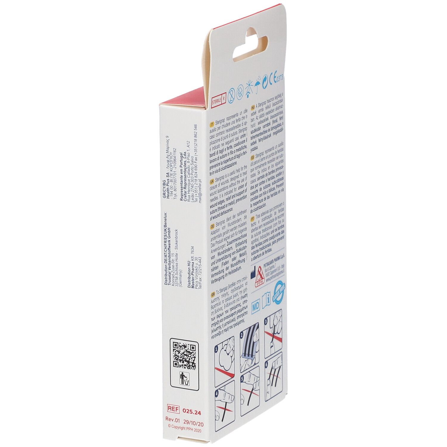 Verpackung MASTER-AID STERIGRAP, 75x3mm, steril. Enthält 10 Streifen. Aufdruck: Strip adesivo per la sutura della ferita. Abbildung einer Hand mit Streifen.