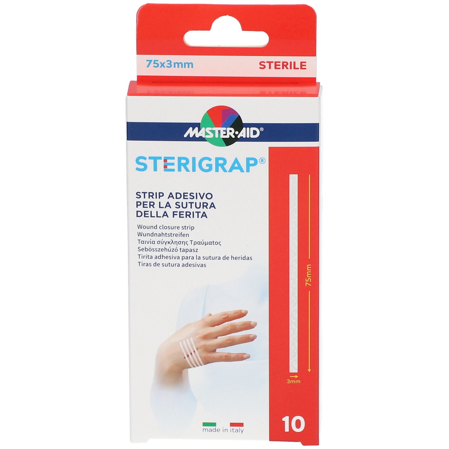 Verpackung MASTER-AID STERIGRAP, 75x3mm, steril. Enthält 10 Streifen. Aufdruck: Strip adesivo per la sutura della ferita. Abbildung einer Hand mit Streifen.