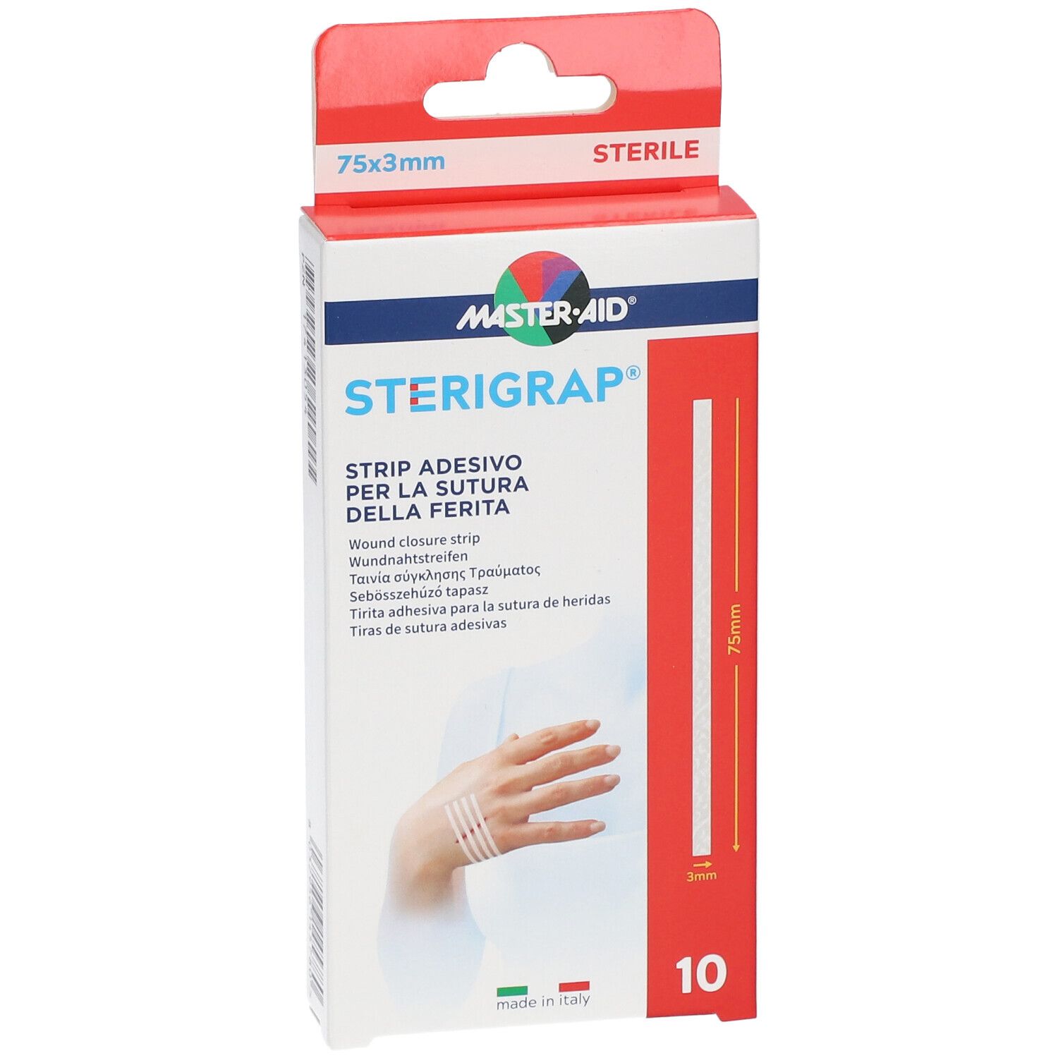 Verpackung MASTER-AID STERIGRAP, 75x3mm, steril. Enthält 10 Streifen. Aufdruck: Strip adesivo per la sutura della ferita. Abbildung einer Hand mit Streifen.