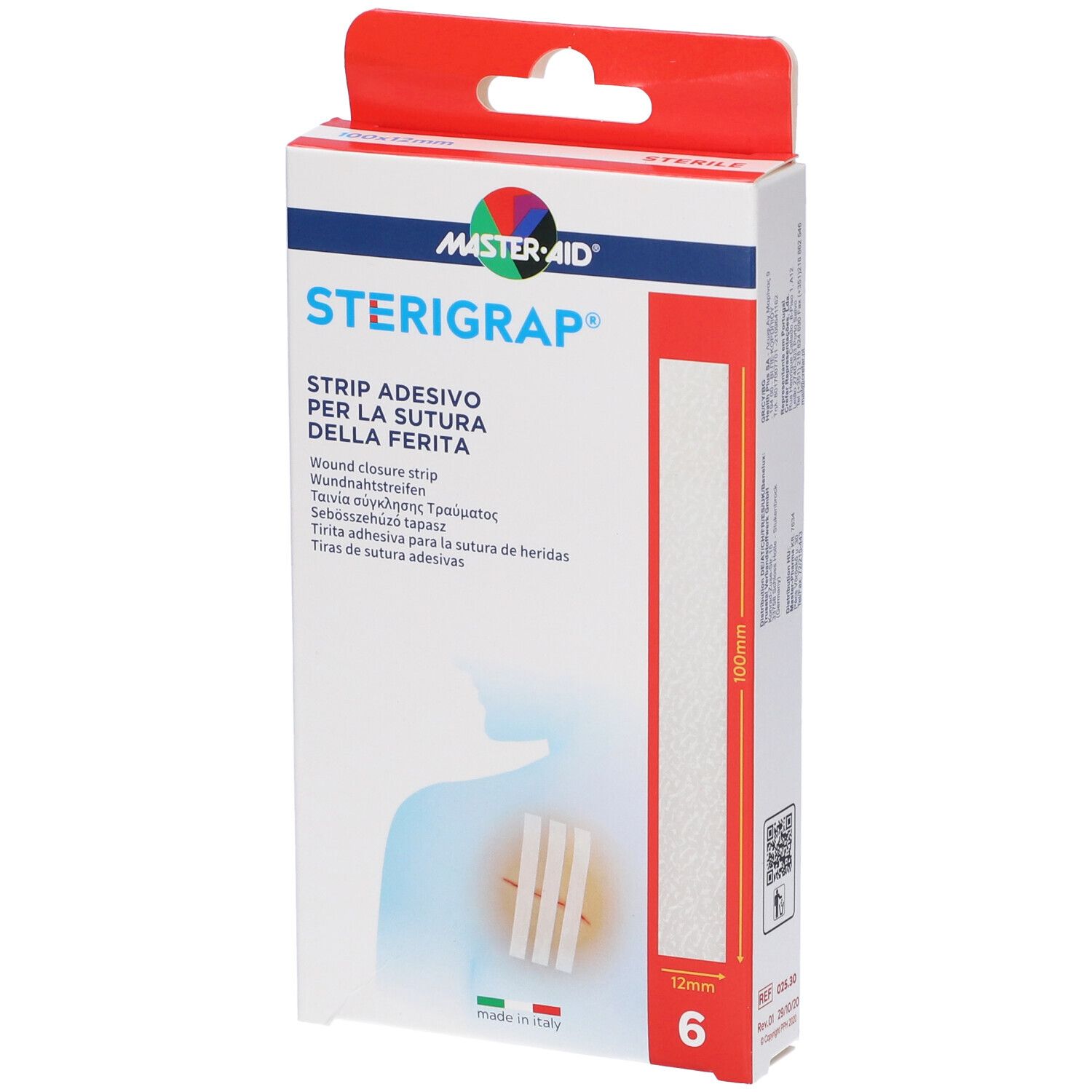 Confezione Master-Aid Sterigrap. 6 strisce adesive 100x12mm. Scritte multilingue. Gancio rosso.