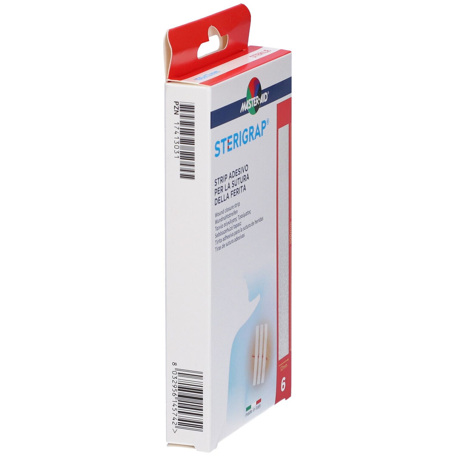 Vista laterale della confezione Master-Aid Sterigrap. Testi multilingue. 6 pezzi. Gancio rosso.