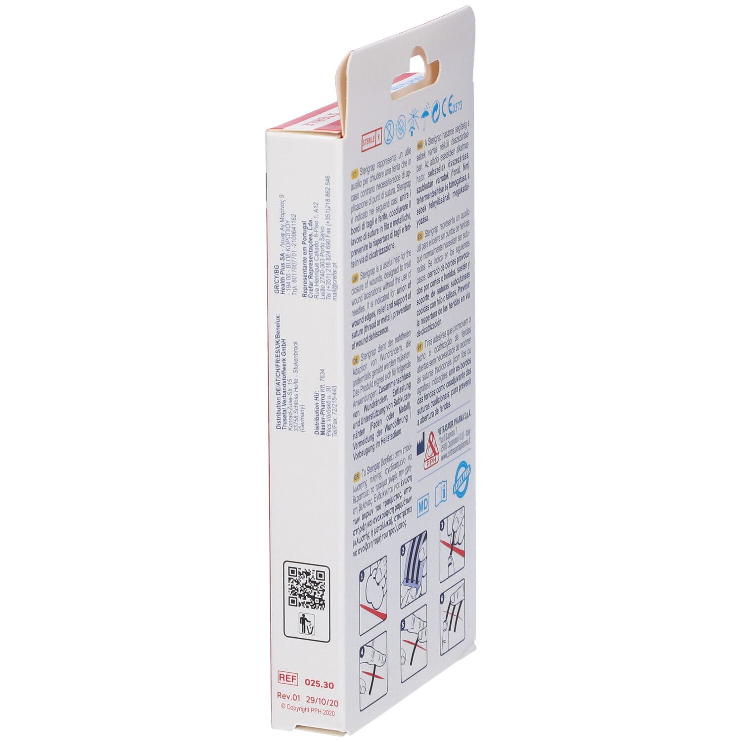 Vista laterale della confezione Master-Aid Sterigrap. Testi multilingue, codice QR, marchio CE. Gancio rosso.