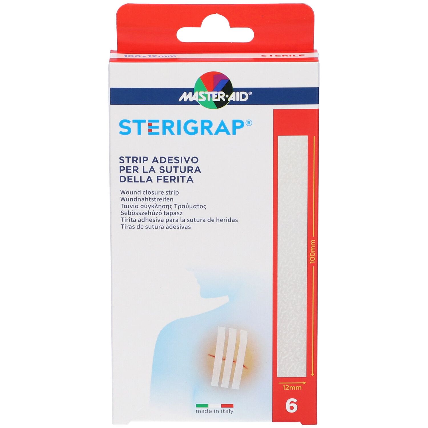 Confezione Master-Aid Sterigrap. 6 strisce adesive 100x12mm. Scritte multilingue. Gancio rosso.