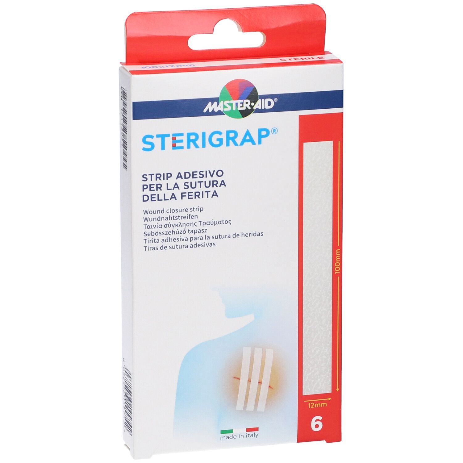 Confezione Master-Aid Sterigrap. 6 strisce adesive 100x12mm. Scritte multilingue. Gancio rosso.