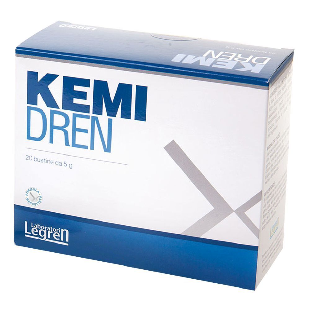 Scatola Kemi Dren, 20 bustine da 5 g. Logo Laboratori Legren. Scritta in italiano.