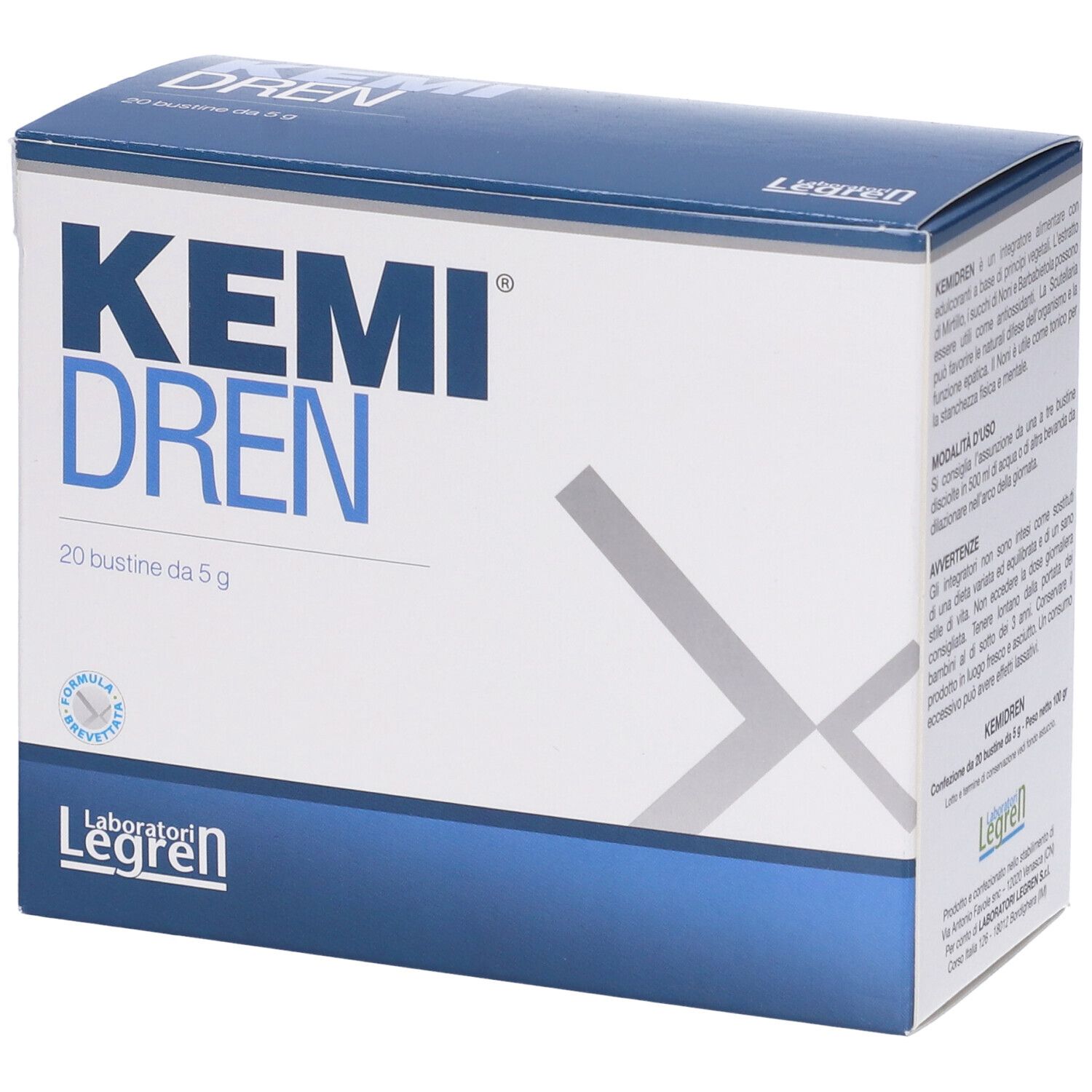Scatola Kemi Dren, 20 bustine da 5 g. Logo Laboratori Legren. Testo in italiano.