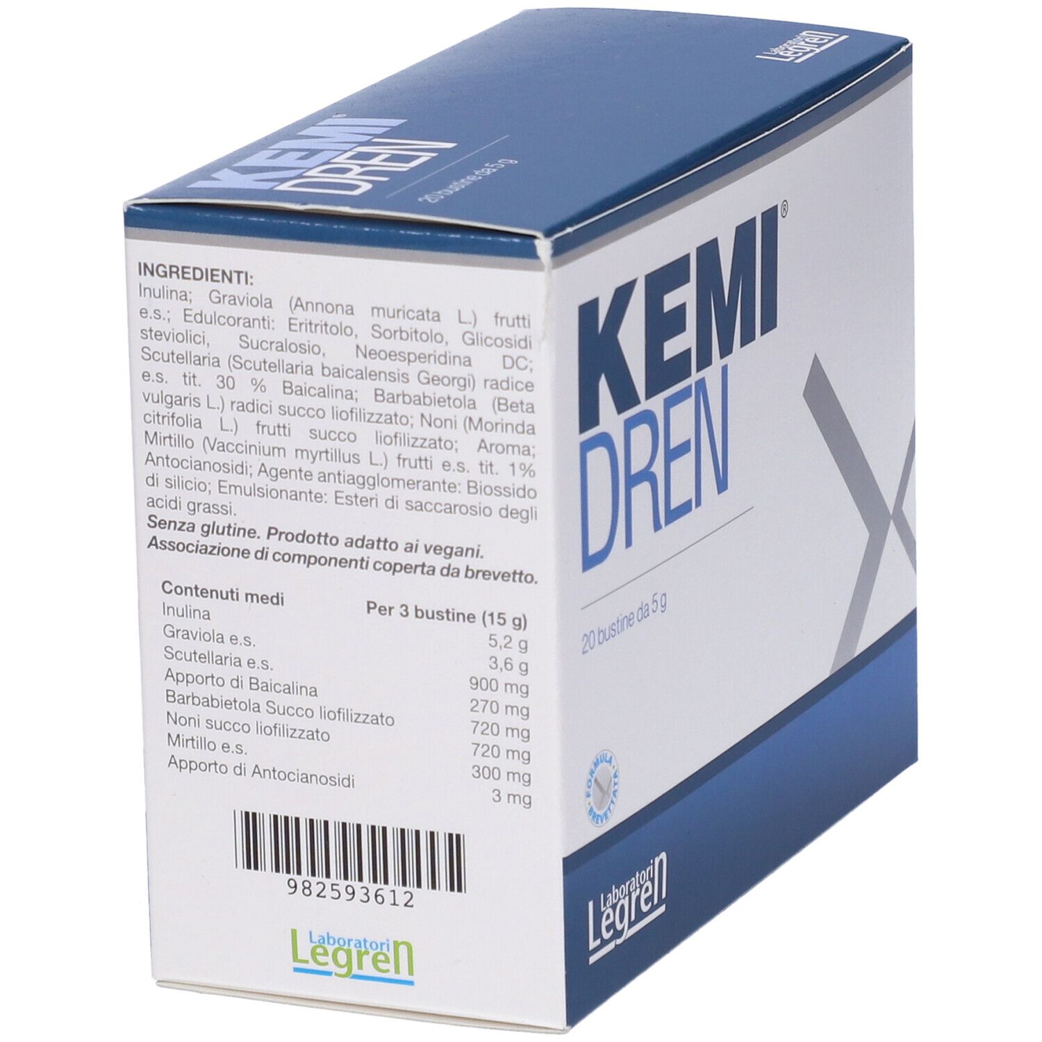 Scatola Kemi Dren con elenco ingredienti. 20 bustine da 5 g. Testo in italiano.